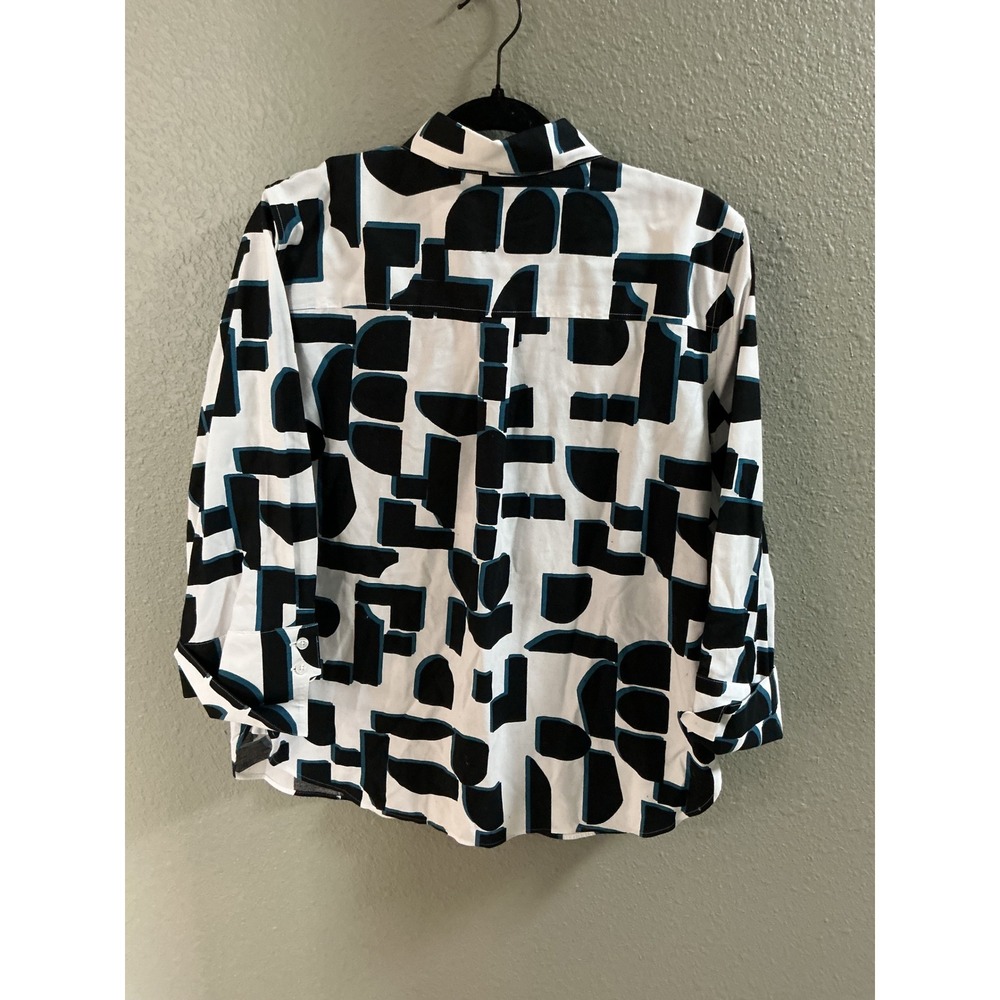 Chico's Button Down Shirt Womens 2 Size 12 White Black Teal Excellent Geometric - Picture 2 of 8